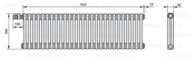 Схема (чертеж) Радиатор Zehnder Charleston 2056/27 №V012 Белый глянцевый RAL 9016